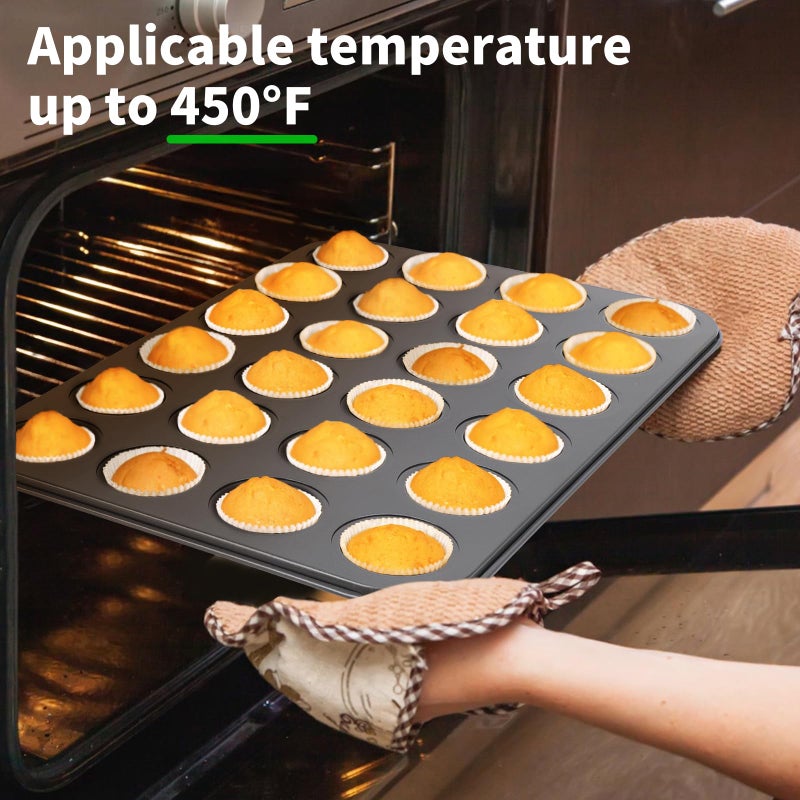 Beasea صينية مافن صغيرة غير لاصقة من Beasea 24 كوبًا، 2 عبوة 24 كوب صغير صغير غير لاصق صينية خبز مافن صينية من الفولاذ الكربوني صينية خبز كب كيك فردية - أسود - Image 5